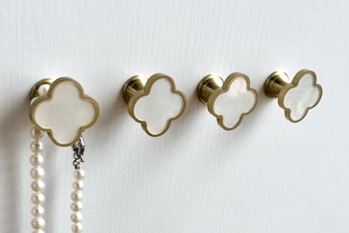 Solid Brass Decorative Wall Hooks, Coat Backpack Purse Screw-In Hangers, Wall Mounted Fancy Champagne Gold Hooks (Seashell White 4 Pack)