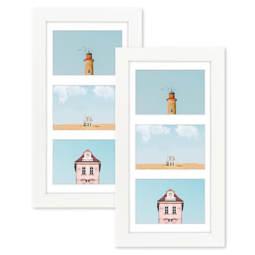 Golden State Art Collage Frame 7x14 Matted 3 4x6 Photos Wood White, 2 Pack | Clear Real Glass and White Mat, Horizontal & Vertical Display Multi Pictures For Gallery Wall, Home Decor & Holiday Gift - color: White With White Mat, size: 2 Pack
