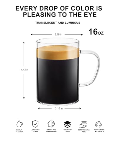 LUXU Glass Coffee Mugs, 16 oz Ice coffee cups,Large Beer Mugs Set of 4 | Everyday Drinkware,Water Glass,Glass Drink Tumblers,Bar Glassware,Borosilicate Glass Mugs with Handle for Hot/Cold Beverages - style: 16 oz clear mugs