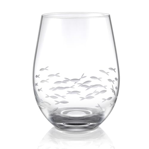 Joeyan Etched Stemless Wine Glasses,Hand Blown Drinking Glass Cups Wine Tumbler with Fish School Patterns,Carved Large Cocktail Whiskey Glasses,Gift for Party Wedding,17.5 oz,Dishwasher Safe - color: School of fish