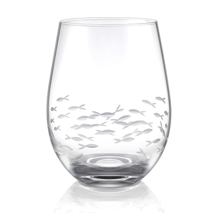 Joeyan Etched Stemless Wine Glasses,Hand Blown Drinking Glass Cups Wine Tumbler with Fish School Patterns,Carved Large Cocktail Whiskey Glasses,Gift for Party Wedding,17.5 oz,Dishwasher Safe - color: School of fish