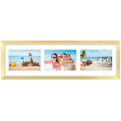 decorUhome 3 4x6 Picture frames Collage Wall Decor with Mat, P06620GD | Gold 6x20 Collage Picture Frame, Fits Three 4x6 Photos with Mat for Wall Mounting, 1 Pack - color: Gold, size: 6x20 (3-4x6)