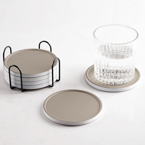 Set of 6 Taupe Coasters with Holder, Absorbent Ceramic Drink Coasters with Cork Backing for Table Protection, Table Decor, Housewarming Gifts - color: Taupe