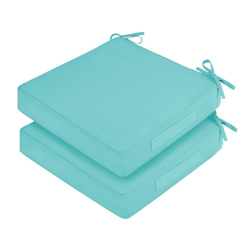 Waterproof Outdoor Chair Cushions Set of 2, Square Outdoor Seat Cushions with Ties and Removable Covers, 19 x 19 Outdoor Cushions for Patio Furniture with Portable Handle(Teal) - color: Teal, size: 19x19x3