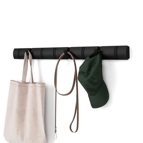 Umbra Flip Coat Rack, Wall Mount 8-Hook, Space Saving, Black | Real wood and steel build, retractable hooks fold flat, holds coats bags and scarves, easy install - color: Black/Black, size: 8-Hook