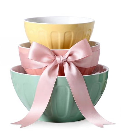 Lareina Ceramic Mixing Bowls Set of 3, Large Nesting Bowls for Serving/Baking/Prepping, Housewarming & Wedding Gift, Oven, Microwave and Dishwasher Safe 3.2/1.7/1.2 Qt, Pastel Color
