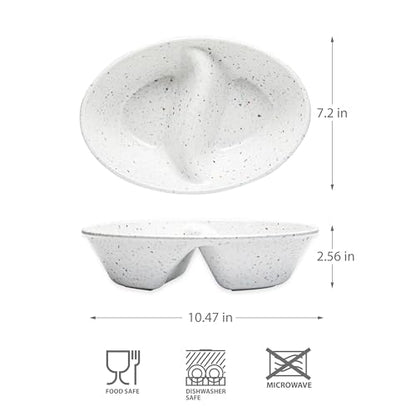 Confetti Divided Bowl Set of 2, 100% Melamine BPA-Free Stackable Unbreakable Bowls with Two Compartments, Ideal for Snacks, Chips & Dips, Cereal, Dishwasher-Safe Color: White - color: Confetti White