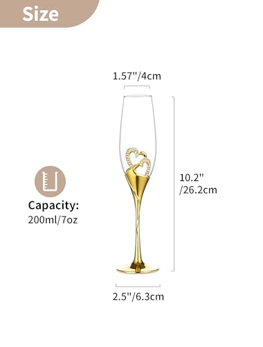 NUPTIO Crystal Champagne Flutes, Wedding Gifts for Couple, Gold, Set of 2 | Rhinestone Rimmed Heart Toasting Glasses with Wooden Gift Box for Engagement, Anniversary, Party, Bridal Showers, 6.76oz - color: Gold