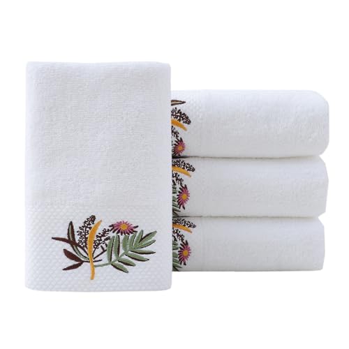 Hand Towels Set of 4 Embroidered Floral Pattern 100% Cotton Absorbent Soft Decorative Towel for Bathroom (White Pattern 1) - color: 4 White Pattern 1