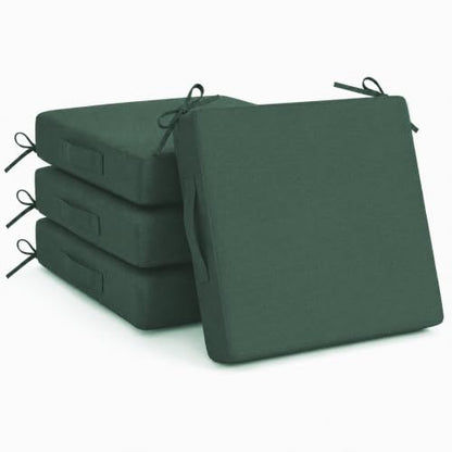 Outdoor Chair Cushions Set of 4, 19x19 Waterproof Patio Pads, Dark Green | Fade resistant fabric with ties, handle and 3-inch foam for dining seats, decks, porches, gardens and hard seating - color: Dark Green