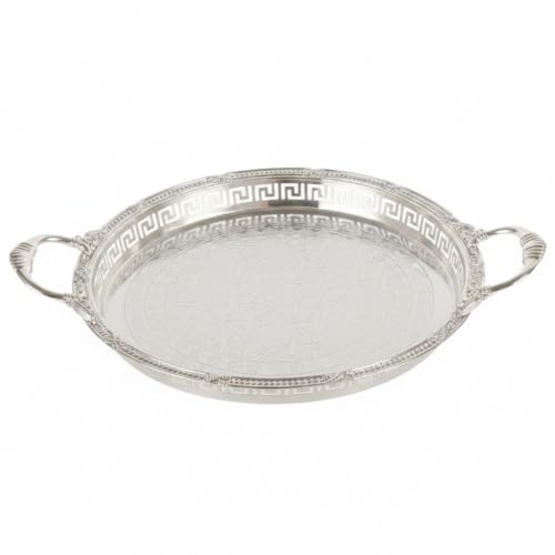 Dessert Serving Tray Metal Platter Embossed Floral Geometric Rectangular Decorative Handle Polished Finish Sturdy Construction Suitable for Catering Weddings Home Decor, Silver - color: Silver