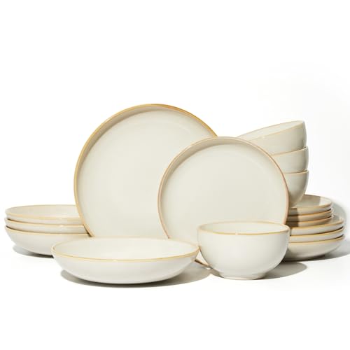 16 Piece Double Bowl Dinnerware Sets with Pasta Bowls, Highly Chip and Crack Resistant Plates and Bowls Sets, Natural Earthyware Ceramic Dishware Sets, Service for 4 Yellow White - color: Cream White, size: Set (16pcs)