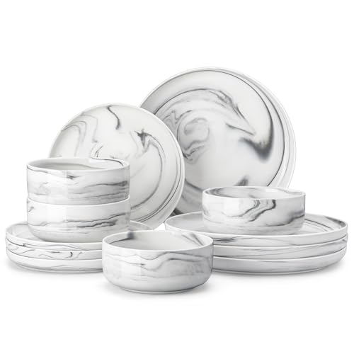 MALACASA 12 Pcs Porcelain Plates and Bowls Sets,Dinnerware Set for 4,Grey | Modern Ceramic Dishware Set,Kitchen Dining Ware,Microwave and Dishwasher Safe,Unique Marble Grey Design,Series LUNA - color: Marble Grey, size: 12 Pcs (Service for 4)