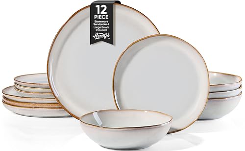 Herogo Stoneware Dinnerware Sets, 12 Piece Dinner Dishes Set for 4, Ceramic Plates and Bowls Dishware, Tableware Includes Dinner Salad Plates, Soup Bowls, Microwave & Dishwasher Safe, Pearl White - color: Pearl White, size: 4 Set (12pcs)