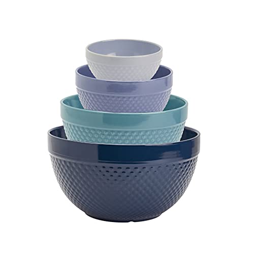 Tabletops Gallery Hobnail Style 4 Piece Blue Storm Stoneware Nesting Mixing Bowl Set for Baking and Cooking - color: BLUE STORM