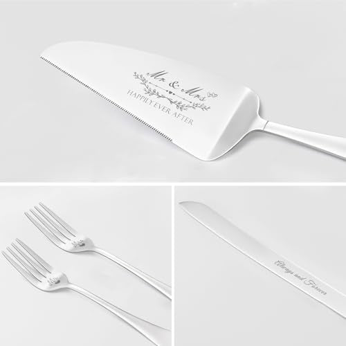 Wedding Cake Knife and Server Set with Forks, Crystal Champagne Flutes | Classical Style Toasting Glasses for Bride and Groom, Wedding Gifts for Couples, Engagement and Bridal Shower Gifts - color: Silver