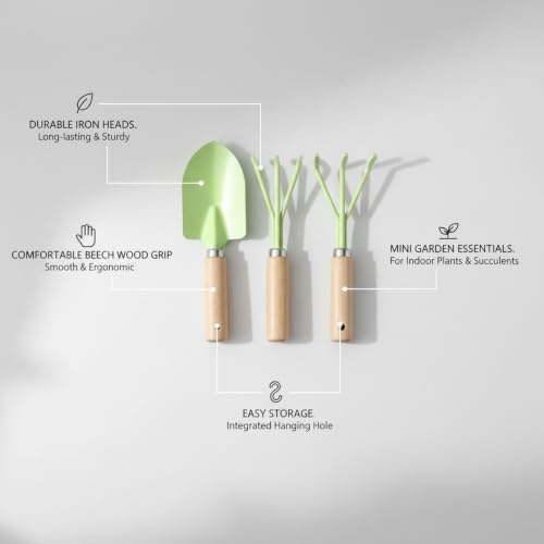 3-Piece Mini Garden Tool Set with Beech Wood Handles and Iron Heads for Indoor Plants, Succulents, and Small Pots - size: 11.02 x 3.54 x 1.18 in