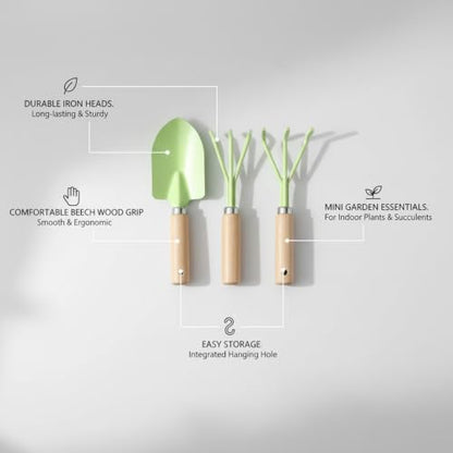 3-Piece Mini Garden Tool Set with Beech Wood Handles and Iron Heads for Indoor Plants, Succulents, and Small Pots - size: 11.02 x 3.54 x 1.18 in