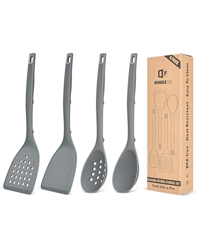 Pack of 4 Silicone Cooking Utensils Set, Non Stick Solid Spatulas and Heat Resistant Slotted Spoons with Back Hooks, Ideal BPA Free Kitchen Utensils Set for Frying,Serving,Turning,Stirring (GRAY) - color: Gray