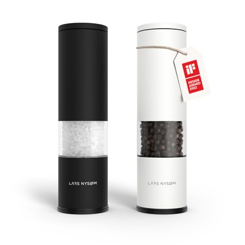 LARS NYSØM Salt and Pepper Grinder Set Manual, Stainless Steel Salt and Pepper Mills with Adjustable Ceramic Grinder I Design Spice Shakers (Black/White) - color: Carbon Black/Pure White, size: Set of two manual grinders