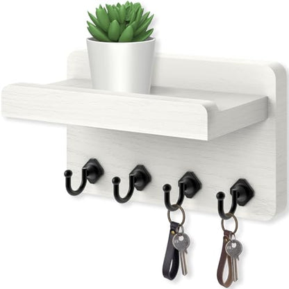Nekon Key Holder Wall Mount, 8.5 Inch Small Wooden Wall Organizer, White | Rustic Wall Shelf, Farmhouse Key and Mail Holder for Living Room Entryway Kitchen - color: White