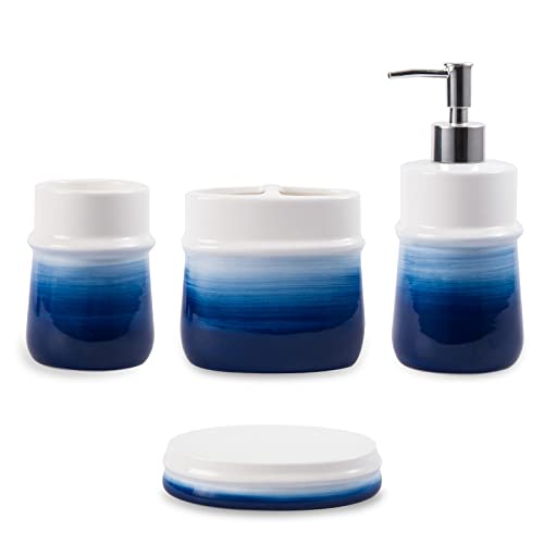 Navy Blue Bathroom Accessories Set, 4-Piece Blue Ceramic Bathroom Decorations Accessories Set,Contain Toothbrush Cup,Soap Dispenser,Soap Dish,Tumbler - color: Blue