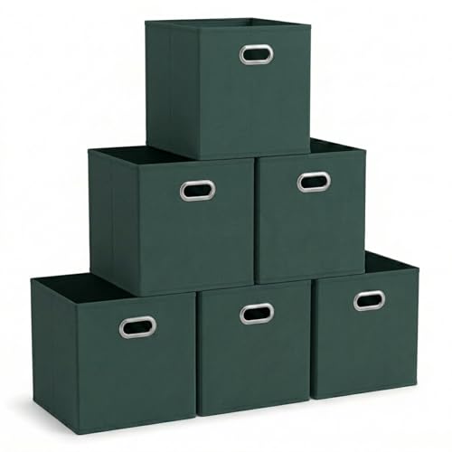 Household Essentials Foldable Fabric Storage Cubes 6-Pack – 11x11x11 Stackable Non-Woven Bins with Chipboard Sides & Grommet Handles – Closet, Shelf, Nursery, or Office Organizer – Dark Green - color: Dark Green, size: 11” L x 11” W x 11” H