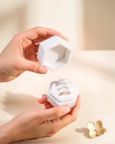 Velvet Jewelry Ring Box, 3 Slots Hexagon Engagement Wedding Ring Holder for Wedding Ceremony Proposal - color: White