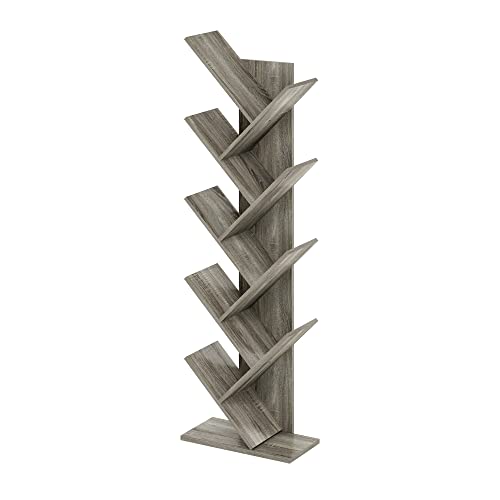 Furinno TREE Book Shelf, 9-Tier Bookshelf, Tree Bookcase with Angled Open Shelf, 8.4 x 15.7 x 50.9, Corner Shelf for Room Decor, for Living Room, Bedroom, Home Office, French Oak - color: French Oak, size: 9-Tier Tree Bookcase