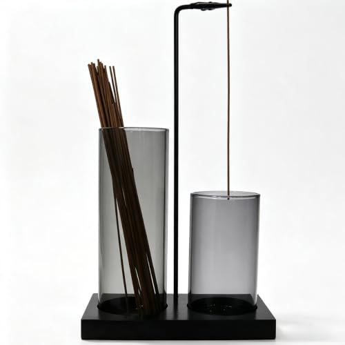 2-in-1 Glass Incense Holder with Storage & Ash Catcher for Sticks | Black beech wood Base,Black clip , Applicable Meditation, Yoga &Home Decor - color: Black Transparent