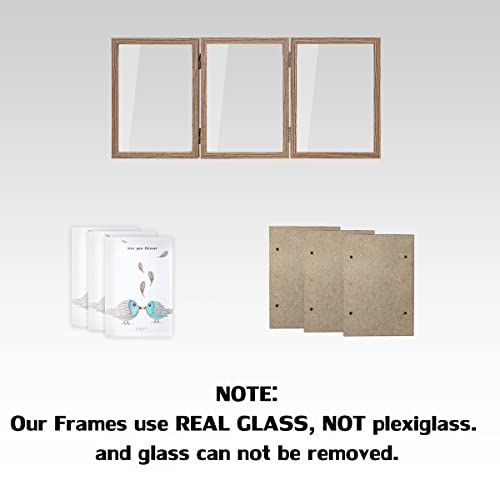3 Picture Frame 4x6 Triple Hinged MDF Wood Grain with Glass Front Three Opening Photo Frame Stand Vertical on Tabletop | Trifold Photo Frame, Hinged Foldable, Crystal Clear Real Glass - color: Wood Grain, size: 4x6