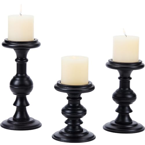 Wood Candle Holders for Pillar Candles, Set of 3 Vintage Rustic Tall Modern Farmhouse Decor, Decorative Wooden Candlestick Holder Stand for Fireplace Mantel, Table Centerpiece - Black - color: Black