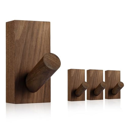 SIAMESE Wooden Wall Hooks, 4 Pcs Adhesive or Nail in Walnut Wood Coat Hooks Wall Mounted for Robe, Towel, Hat, Key, Bag, Clothes in Entryway, Bedroom or Closet (Walnut Wood)