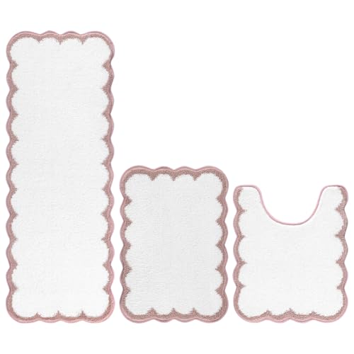 Pauwer Bathroom Rug Sets 3 Piece, Scalloped Bath Rugs, White and Dusty Pink | Non Slip Washable Bath Mat With U-Shaped Toilet Rug, Extra Absorbent Quick Dry, For Floor Sink - color: White and Dusty Pink