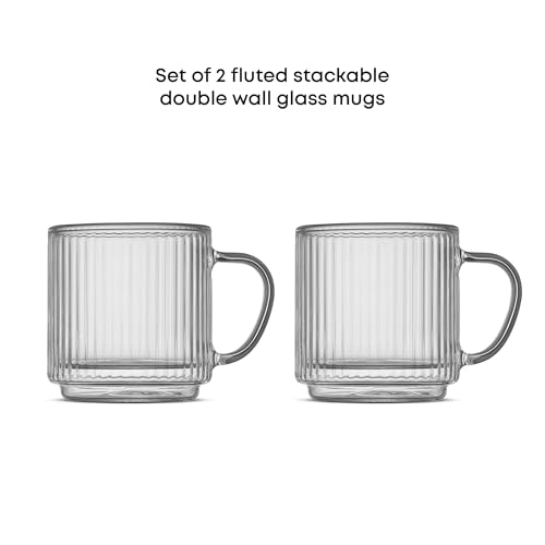 JoyJolt Haven Stackable Fluted Glass Mugs Set of 2, 5.5oz Ribbed Double Wall Glass Coffee Mugs, Stacking Insulated Coffee Cup Set also for Espresso Shot Tea Latte Macchiato Cappuccino - style: Espresso Cups