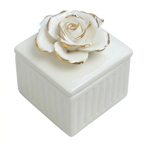 Jewelry Gift Box, Small Square Ceramic Trinket Organizer White Porcelain Decorative Storage Case With Hand Painted Gold Edged Rose Lid Jewelry Boxes For Women For Rings Dresser Decor