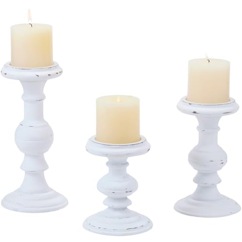Wood Candle Holders for Pillar Candles, Set of 3 Vintage Rustic Tall Modern Farmhouse Decor, Decorative Wooden Candlestick Holder Stand for Fireplace Mantel, Table Centerpiece - White - color: Distressed White