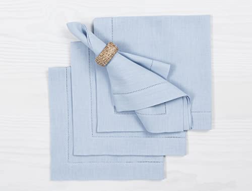 Solino Home 100% Linen Napkins Blue, Classic Hemstitch 20 x 20 in, Set of 4 | Cloth Napkins for everyday meals and hosting | soft plain weave, artisan crafted | Sky Blue | Pure Linen | OEKO-TEX Certified - color: 09: Sky Blue, size: 20" x 20" (Set of 4)