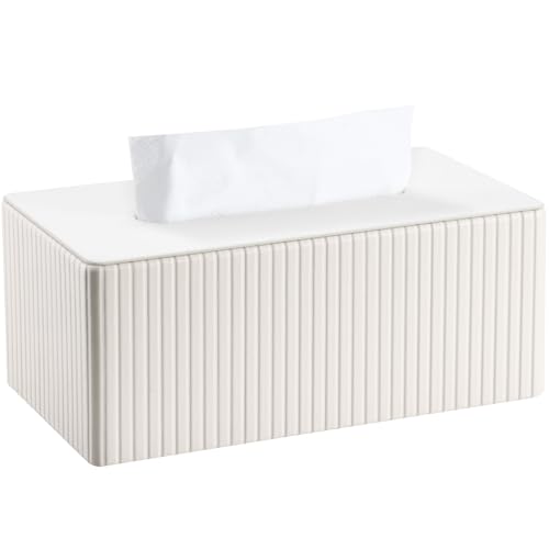 PU Leather Tissue Box Cover Rectangular Tissue Box Holder with Magnetic Bottom, Napkin & Facial Tissue Holder Dispenser for Home, Office for Standard 120-count/160-count (2-Ply) White Stripe - color: Off-white Stripe