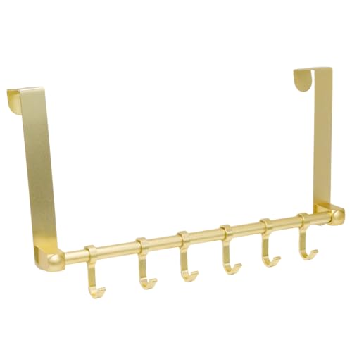 Over the Door Hooks, Gold 6 Hooks Adjustable Aluminum Door Hanger | Sliding Hooks Heavy Duty Door Hanger Organizer for Towel Coat Robe Hat Bag, No Drilling Over Door Rack for Bathroom Bedroom