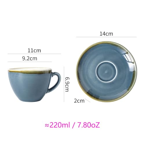 SHUER Ceramic Cappuccino Cup Set of 4, 7.8 OZ Cups and Saucers Set,Coffee Mocha Cup Sets,Black Coffee Cups and Glaze Americano Mugs Great for Party and Low Tea Time (Blue 220ml) - size: Small(220ml)
