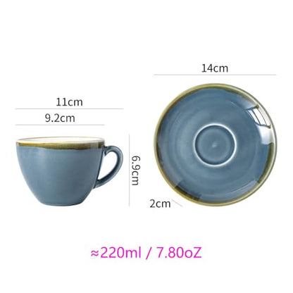 SHUER Ceramic Cappuccino Cup Set of 4, 7.8 OZ Cups and Saucers Set,Coffee Mocha Cup Sets,Black Coffee Cups and Glaze Americano Mugs Great for Party and Low Tea Time (Blue 220ml) - size: Small(220ml)