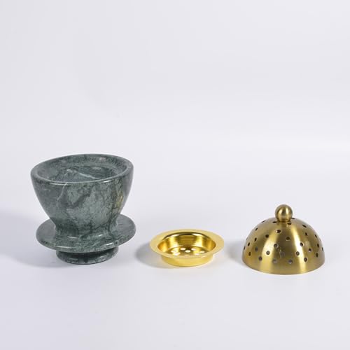 Sissi & yaya Marble Incense Burner with Brass Lid, 10 x 13.5 cm, Meditation and Spa Decor (Green) - color: Green