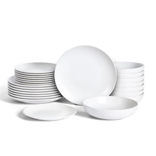 Earth & Clay Mia 24-Piece Stoneware Dinnerware Set, Plates and Bowls Set, Dishwasher and Microwave Safe, Dish Set for 8, White - color: Mia - White, size: 24-Piece - Service for 8