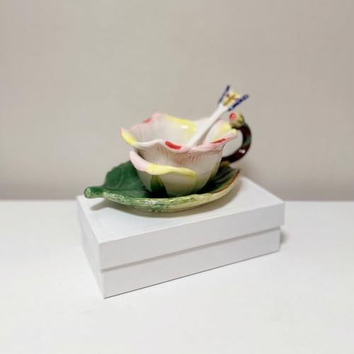 Ceramic Tea Cup and Saucer Set ，6OZ 3D Hand-Painted Flower and Lotus Leaf Coffee Mug，Gift for Women- Champagne Rose - color: Champagne Rose