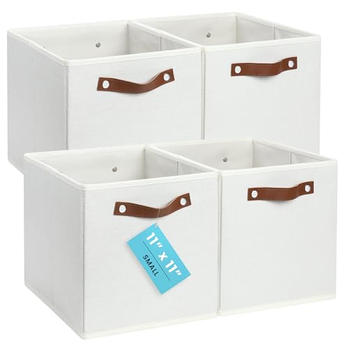 OrganiHaus 11x11 Cube Storage Bins, Set of 4 - Fabric Storage Cubes | Sturdy, holds its shape; odor-free; fits ClosetMaid 11-inch shelves; vegan leather handles - color: Off-White, size: (11x11) Leather Handles