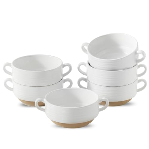 HASENSE Ceramic Soup Bowls with Handles, 20 oz Oven Safe French Onion Soup Bowls Set of 6, White Serving Dishes for Entertaning, Ideal for Soup, Salad, Stew, Microwave & Dishwasher Safe - color: White, size: 20oz - 6pcs