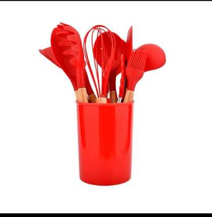 11 Piece Silicone Kitchen Utensil Set with Holder Heat Resistant Non Stick Cooking Tools with Wooden Handles Spatula Spoon Pasta Server Tongs Whisk Brush Black (Red) - color: Red