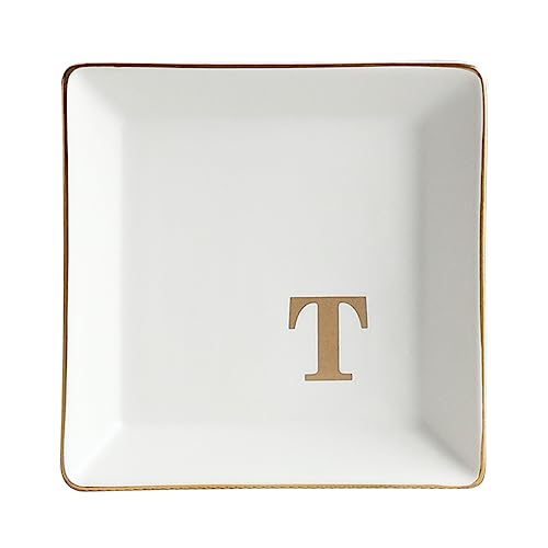 COLLECTIVE HOME - Ceramic Jewelry Tray, Monogram Decorative Trinket Dish for Rings Earrings Necklaces Bracelet Watch Keys, Birthday Mother's Day Christmas Gift for Women, 4" x 4" (T) - color: T