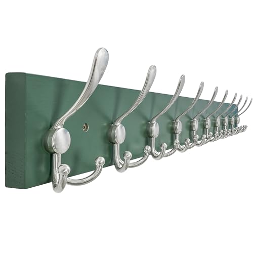 SKOLOO Creations Forest Green Solid Wood Wall Mounted Coat Rack, 10 Hooks, 38-1/8" Long - Kitchen, Mudroom, Entryway, Bathroom - Includes Mounting Hardware, Wall Coat Hanger, Towel Rack - color: Forest Green Plates & Nickel Hook, size: 1 Item-10 Hooks